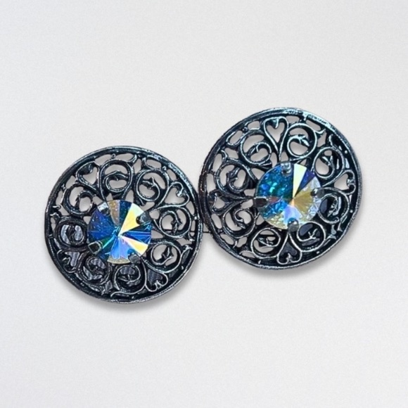Handcrafted Swarovski Earrings Crystal Filigree Post Aurora Borealis Silver NWT - Picture 1 of 5